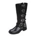 Women's Cowboy Boots With Round Toe And Belt Buckle Detail, Chunky Heel Mid Calf Boots For Fall Winter, Retro Style Leather Look Boots In Brown_vogvips.com