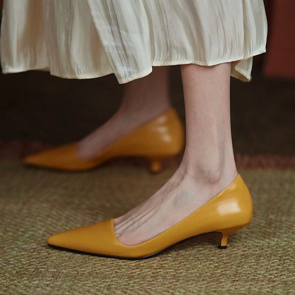 Super Comfortable~ Genuine Leather Versatile Low-heel Work High-heeled New Spring-summer Style, Thin Heel, Pointed Toe,_vogvips.com