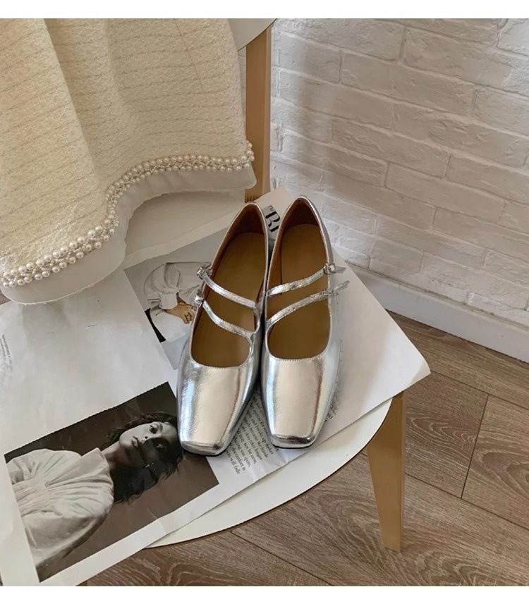 silver Shallow Mouth Cross Strap Mary Jane For Women 2025 Spring New Ballet Flats Versatile Low Heel Leather Shoes_vogvips.com