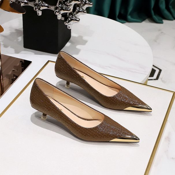 Women's Shoes Are Thin, Thin Heel, Medium Heel, Light Mouth, Metal Pointed Head, Iron Head, Snake Pattern Single Shoes._vogvips.com