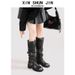 Women's Retro Distressed Mid Calf Boots Chunky Heel Belt Buckle Slouch Boots Style Niche Work Boots For Autumn New Style_vogvips.com