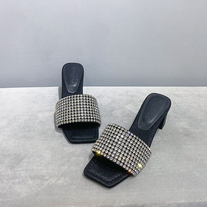 2025 Summer New Rhinestone High Heels For Women, Outdoor Wear, Chunky Heel Sandals, Internet Celebrity Style, One-Strap_vogvips.com