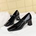 6292 Style Elegant Women's With Rhinestone Flat And Square Toe Patent Leather Shiny Surface, Shallow Mouth, Thick Heel,_vogvips.com