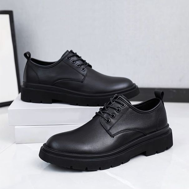 European Warm Series Men's Low-Top Height-Increasing Martin Boots British Style Round Toe Chunky Black Work Thick-Soled Casual Leather Shoes_vogvips.com