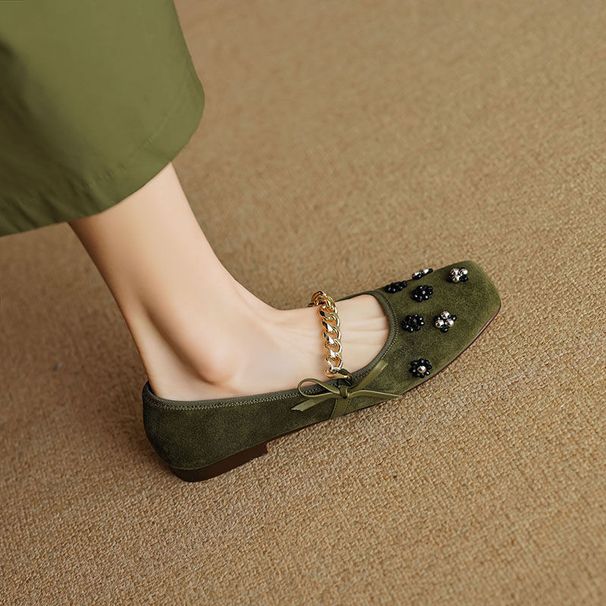 Square Toe Shallow Mouth Fashionable Bead Flower Metal Chain Mary Jane Women's Versatile Low Order Shoes_vogvips.com