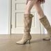 Women's Chic Pointed Toe Stiletto Knee High Boots With Belt Buckle Detail Stacked Folded Design Slimming High Heel Boots_vogvips.com