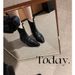 Grape Mom Same Style Fashionable Pointed Toe V-Cut Denim Genuine Leather Slim Chunky Heel Wrinkled Western Short Boots_vogvips.com