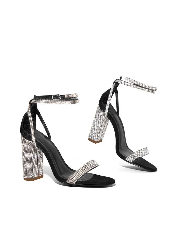 Black 2023 New Style Rhinestone Chunky One-Strap Outdoor Fashion Sexy High Heel Sandals Versatile_vogvips.com