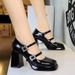 1868-K95 Wind Thick Heel Waterproof Platform Shallow Mouth Square Head Straight Line With Water Diamond Buckle Single_vogvips.com