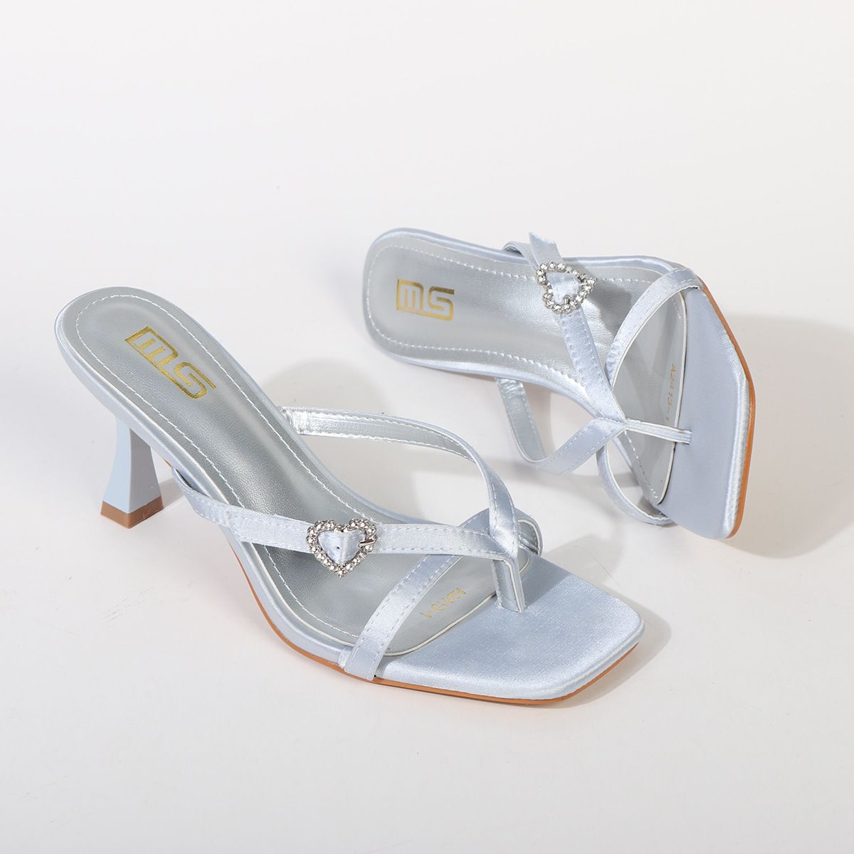 Elegant Heart Buckle Strap Kitten Heel Sandals - Square Toe Satin Summer Slides For Women (Black/Silver/Pink)_vogvips.com