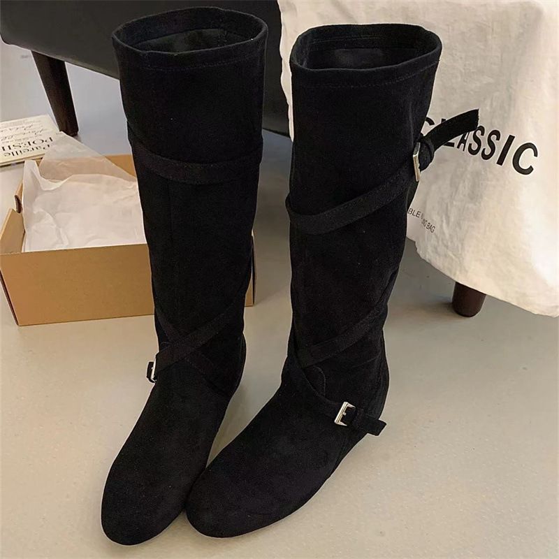 Miting Stacked Boots, Vintage Suede, Internal Height Increase, Cross-Strap Buckle, Comfortable Western Cowboy High Boots_vogvips.com