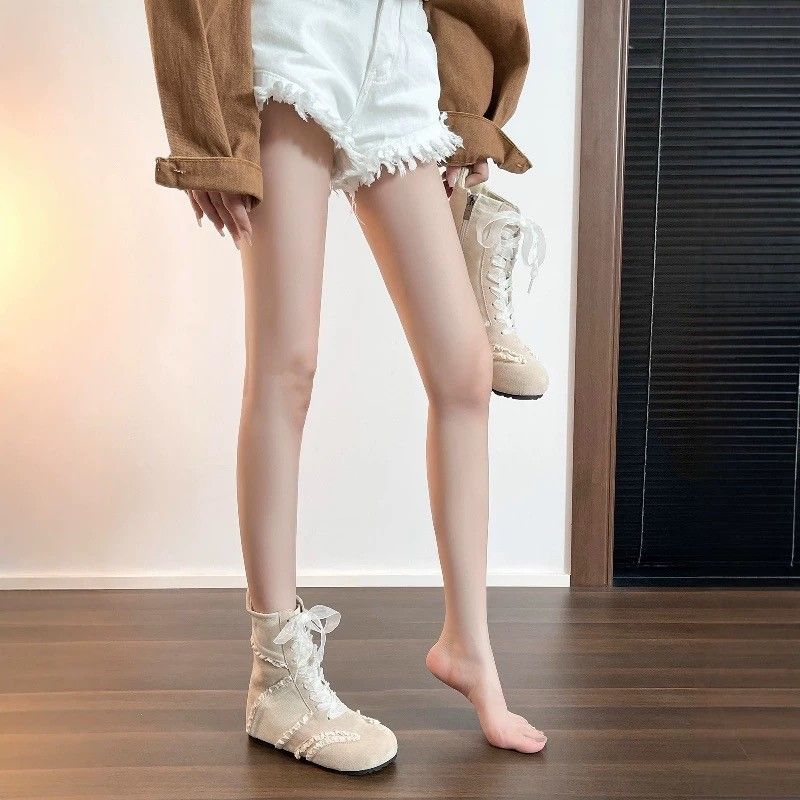 Women Boxing Boots 8Cm Height Increase Ballet Style ~ Dexun Lace Trim Thick Sole Martin Fashion Versatile Boxing Boots_vogvips.com