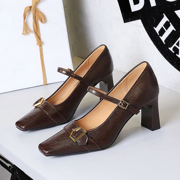 One-word High-heeled Single Shoes Women's Square Head Light Mouth Thick-heeled High-heeled Shoes Metal Belt Buckle Women's Shoes_vogvips.com