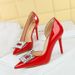 638-K50 Fashion Socialite Pointed High Heels Patent Leather Shiny Surface Fine Order Rhinestone Shallow Mouth_vogvips.com