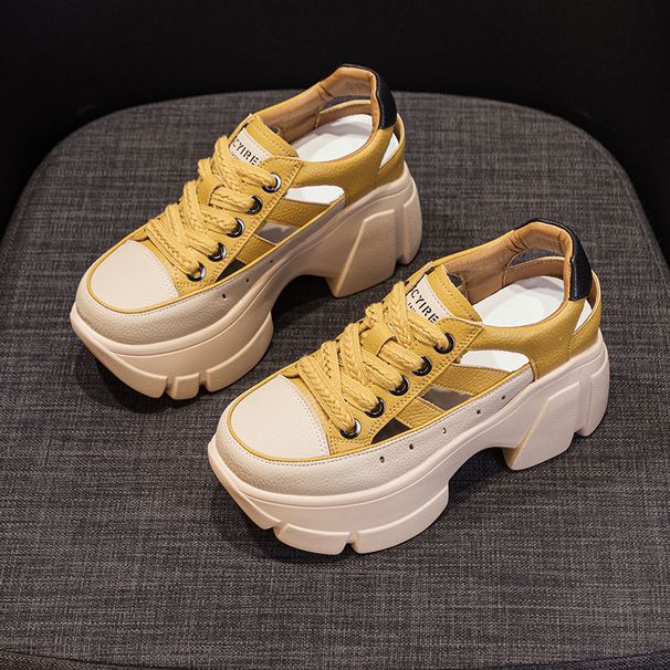 Women's Casual Leather Sandals Breathable Hollow Out Dad Shoes With Hidden Height Increase Platform New Summer Style Outerwear_vogvips.com