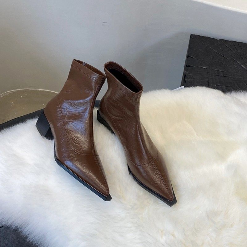 Pointed Toe Short For Women, Summer Women's With Fleece, Chunky Heel Slim Boots, Niche New Martin Boots_vogvips.com