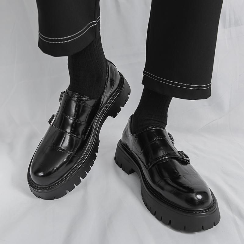 Euro Step 2025 Autumn New Large Double Needle Buckle Loafers For Men 38-46 Size Patent Leather Glossy Thick Heel Height Increasing_vogvips.com