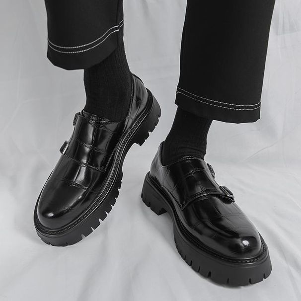 Euro Step 2025 Autumn New Large Double Needle Buckle Loafers For Men 38-46 Size Patent Leather Glossy Thick Heel Height Increasing_vogvips.com