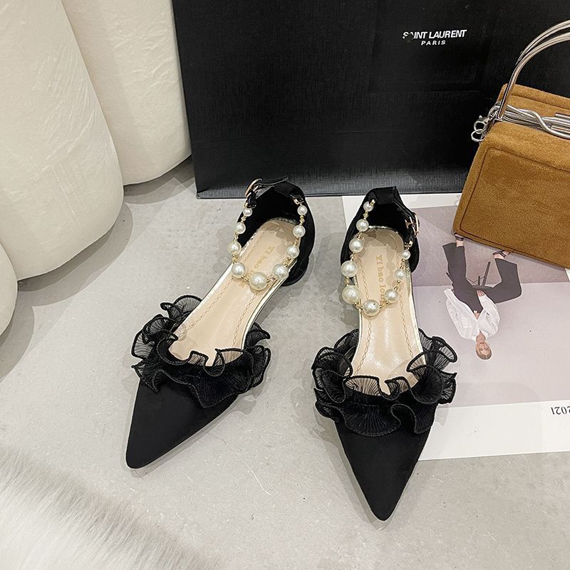 Fashion Gentle Fairy Style Temperament Thick Heel Single Shoes Female Spring And Summer Pearl One-word Buckle High Heels_vogvips.com