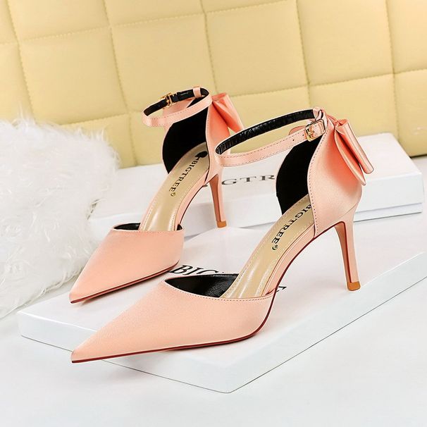 2026 New 5196-1 Style Sweet Korean Women's Shoes Thin High Heel Shallow Mouth Pointed Toe Satin Hollow Back Bowknot Strap S_vogvips.com