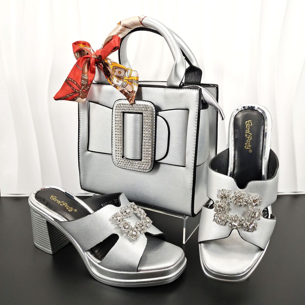 Women’s Shoes women's shoe and bag set, generous soft bag, casual high heeled slippers, daily casual wear, rhinestone embellishment_vogvips.com