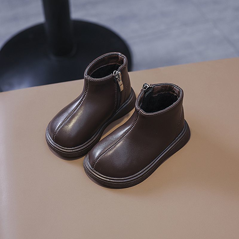 European Warm Series Women's And Men's Winter Fleece-Lined Warm Short Stylish Black Leather Double Cotton Martin Boots Children's Versatile_vogvips.com