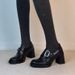 Women's Shoes New Style High Heeled Loafers, Petite Chunky Heel Single Shoes, Black, Versatile Slip On, Deep Mouth JK Leather Shoes_vogvips.com