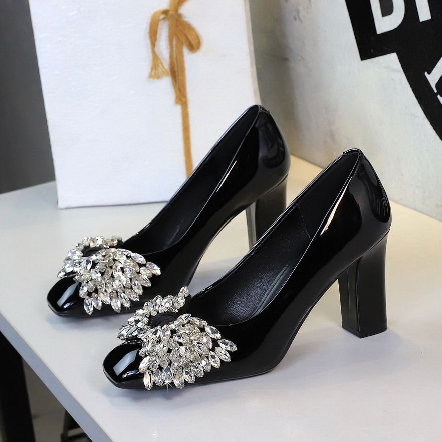 Women's Chunky Heel Pumps Rhinestone Bow Dress/Wedding Shoes Patent Leather Square Toe Elegant Flats Multi-color High Heels_vogvips.com