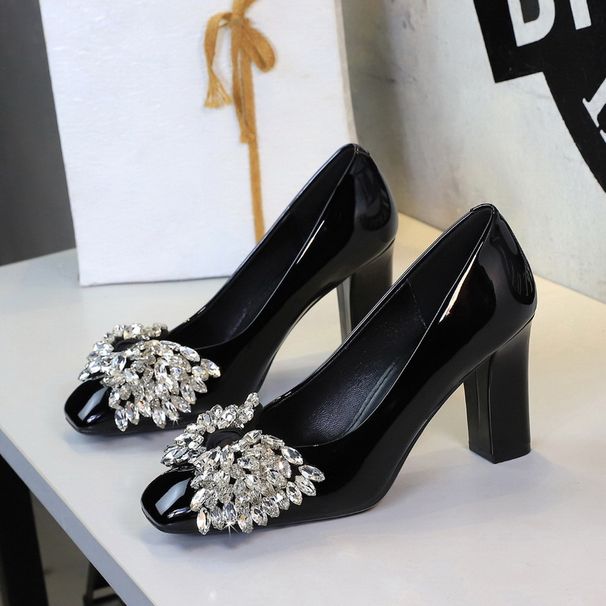 Women's Chunky Heel Pumps Rhinestone Bow Dress/Wedding Shoes Patent Leather Square Toe Elegant Flats Multi-color High Heels_vogvips.com