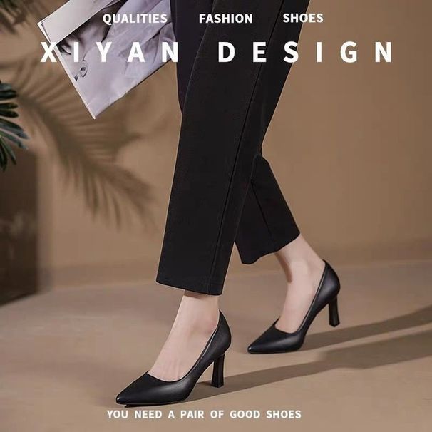 High Heels Etiquette Dress Commuter Professional Work Shoes Interview Soft Sole Not Tired Feet Black Small Heel Leather Shoes Women_vogvips.com