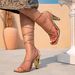 Women's Sandals Champagne Gold Square Head Special-shaped High-heeled Sandals Long Line Straps Women's High Heels Lace-up High Heels_vogvips.com