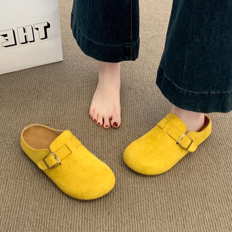 Retro Suede Buckle Mules For Women - Chic Round Toe Flat Clogs For Effortless Daily Style And Comfort_vogvips.com