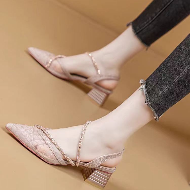 Peep-toe Strap Sandals Chunky Heels, Fairy Style, 2026 Summer Collection, Mesh With Rhinestones, Genuine Leather, French_vogvips.com