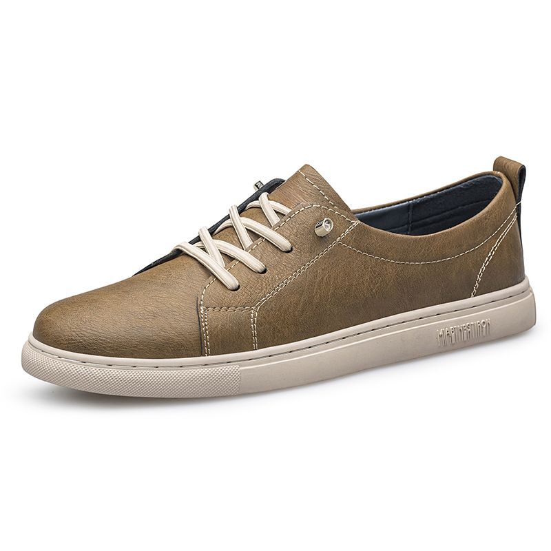 Sports And Leisure Men's Shoes White Shoes Leather Men's Board Shoes Lace-up Breathable British Style Flat Bottom Soft Sole_vogvips.com