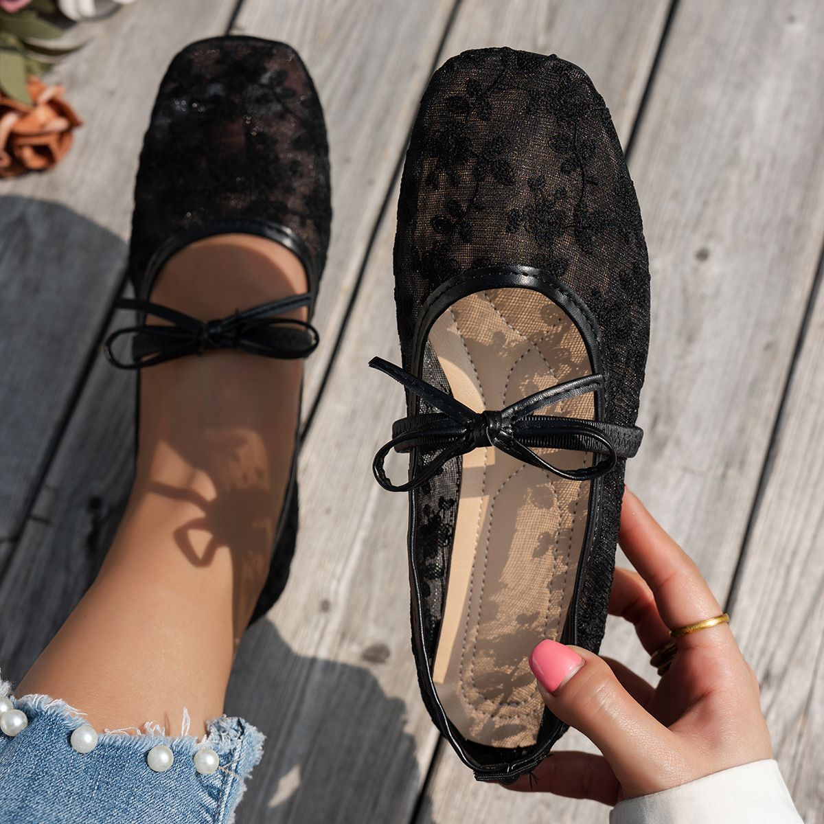 Women's Lace Fairy Style Flat Shoes Square Toe Lace up Design Mesh Material Super Soft Full of Summer Vibes_vogvips.com