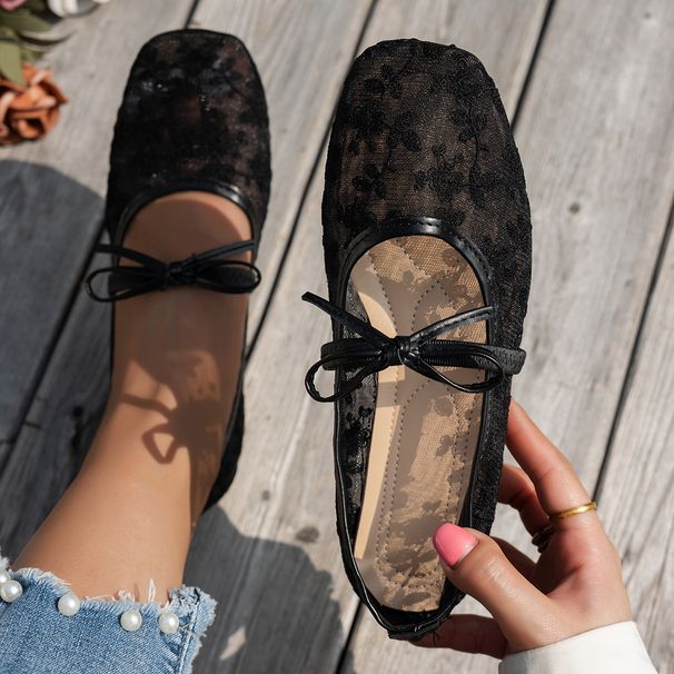 Women's Lace Fairy Style Flat Shoes Square Toe Lace up Design Mesh Material Super Soft Full of Summer Vibes_vogvips.com