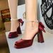 High Heel Sandals Thick Heel Square Head Satin Hollow Pearl One-word Belt Back Bow Wedding Shoes_vogvips.com
