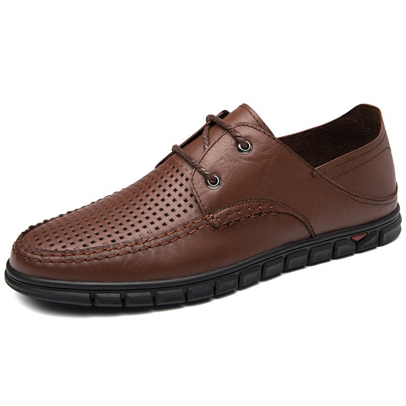 Large Size First Layer Men's Shoes Hole Casual Leather Shoes Lace-up Work Flats_vogvips.com