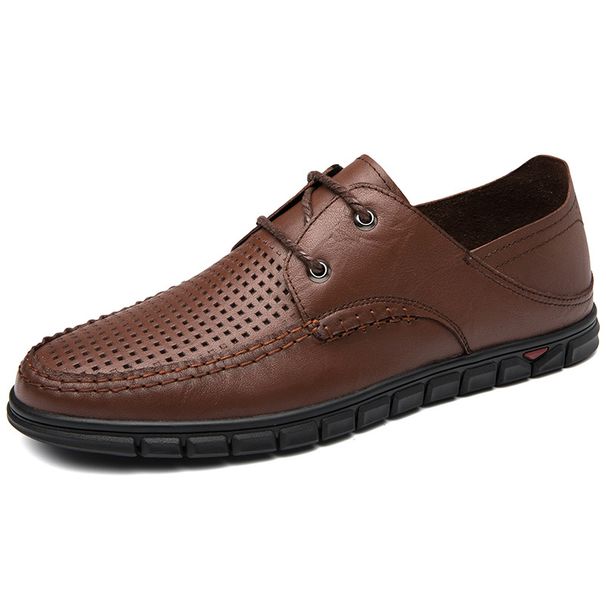 Large Size First Layer Men's Shoes Hole Casual Leather Shoes Lace-up Work Flats_vogvips.com