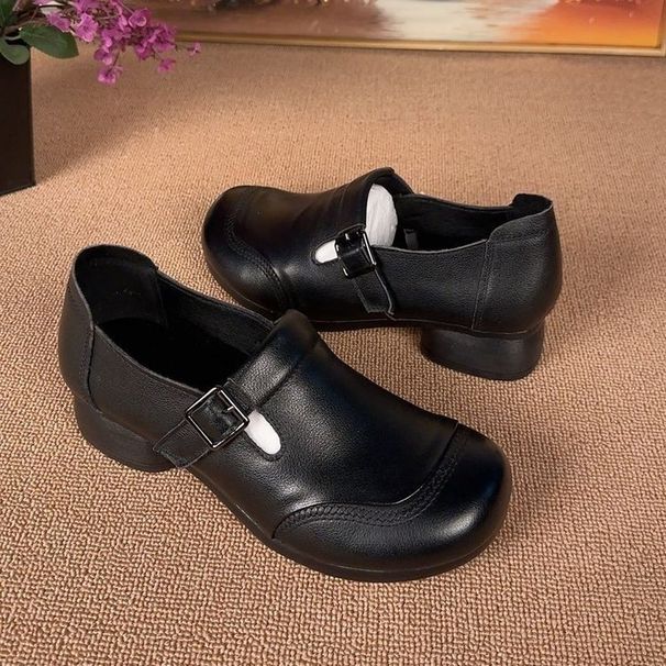Middle-aged Elderly Mom Comfortable Non-tiring Feet Soft Bottom Leather Retro Thick Heel Women's Single Shoes Spring And_vogvips.com