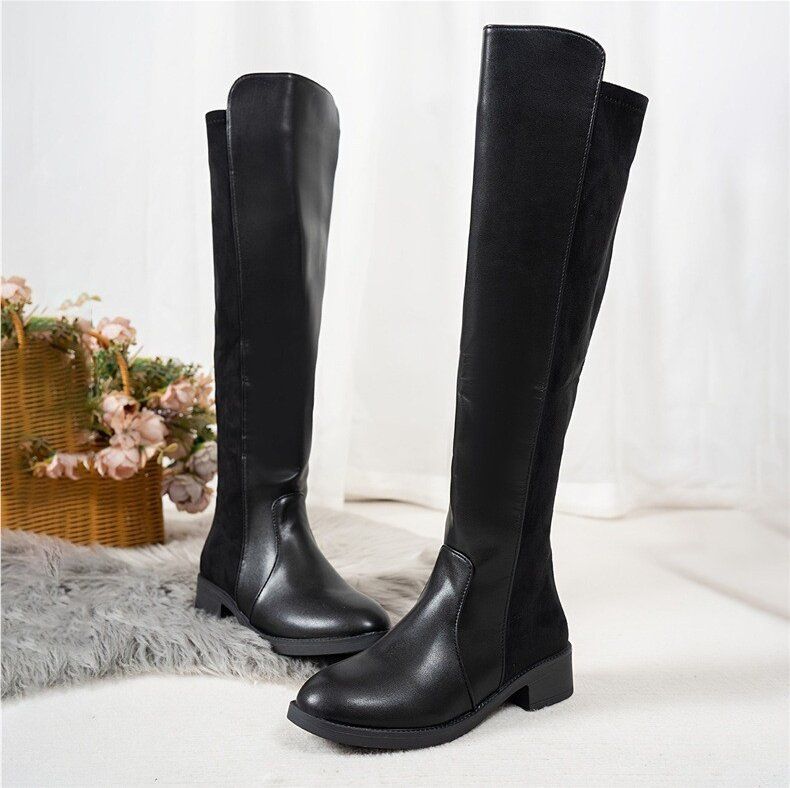 Women's Knee-High Boots With Chunky Heel - Retro Solid Color Over-The-Knee Boots For Winter, Spring & Fall - Stretchable Cotton Lining & PU Upper_vogvips.com