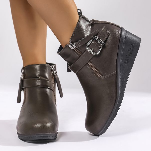 Women's Plus Size Wedge Boots Belt Buckle Side Zipper Platform Ankle Retro Autumn Size 43 Black PU Suede Rubber Sole_vogvips.com