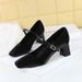 6295 French Small Fragrant Style Square Toe Rhinestone Flat Ribbon Silk Women's Shoes With Thick Mid Heel, Shallow_vogvips.com