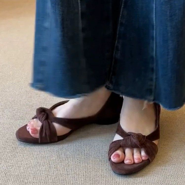 Retro-chic Cross-strap Knotted Sandals Women, 2025 New Model, Round Toe, Chunky Heel, Slip-on Roman Shoes For Commuting_vogvips.com