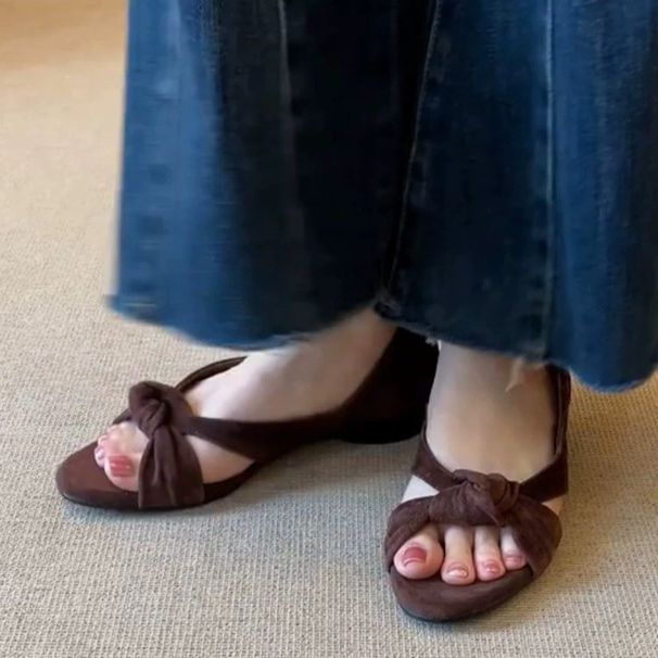 Retro-chic Cross-strap Knotted Sandals Women, 2025 New Model, Round Toe, Chunky Heel, Slip-on Roman Shoes For Commuting_vogvips.com