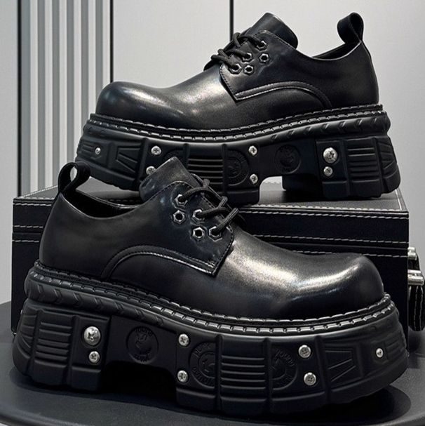 High-End Punk Derby For Men, Thick-Soled Height-Increasing 8cm Platform British Style Casual Big-Toe Leather Shoes,_vogvips.com