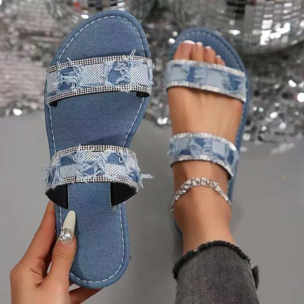 Denim Diamond-embellished Flat Sandals, Summer Slimming Style, Plus Size, European And American Style_vogvips.com
