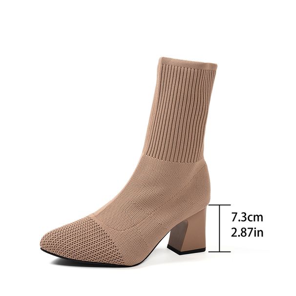 Slim Fit High Heels Ankle Boots For Women Knitted Pointed Toe Sock Boots Chunky Elastic Heel Single Boots For Autumn Winter_vogvips.com