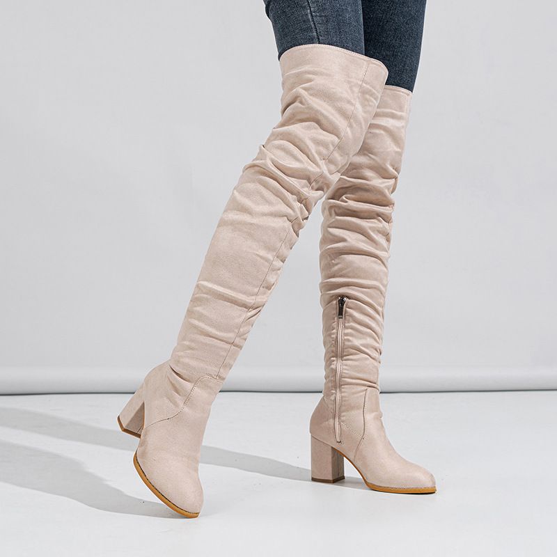 Women's Over The Knee Boots - Soft Suede Upper, Chunky Heel, Side Zipper, Fashionable Street Style Boots For Casual & Dressy Outfits_vogvips.com