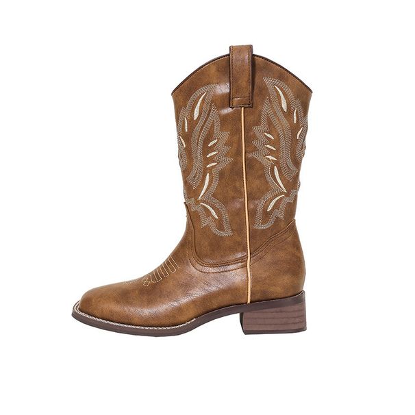 Instant Dispatch Su Yinyin He Sui Same Style Embroidered V-Cut Western Denim Mid-Calf Riding Boots For Women With Chunky_vogvips.com